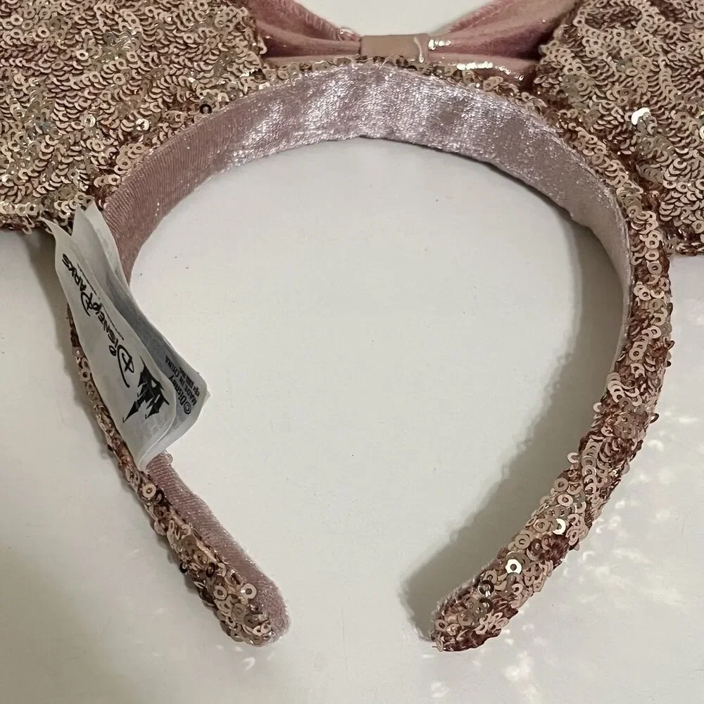 Disney Parks Minnie Mouse Ears Rose Gold Champagne Bow Sequin Headband